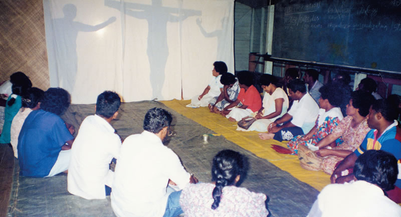 A shadow drama of the crucifixion, part of a reconciliation ritual in an intercultural encounter weekend at Ba in 1995.