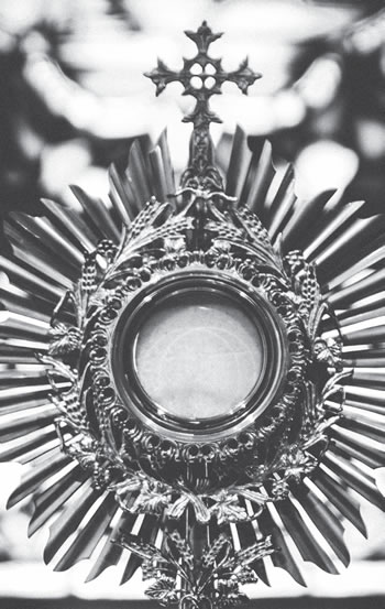 A monstrance holding a consecrated Eucharistic host.