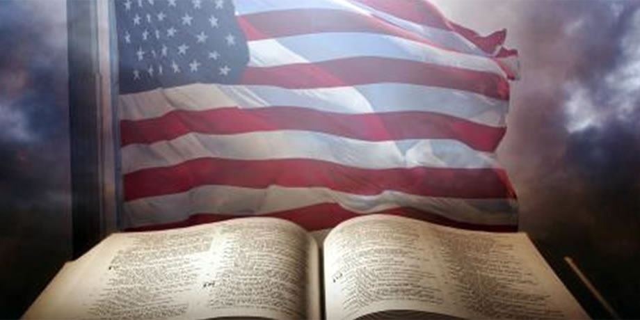 American Flag flying behind a bible