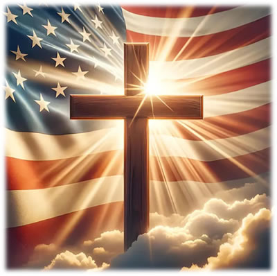 A cross stands in front of an American flag
