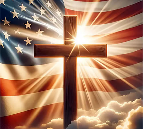 A cross stands in front of an American flag