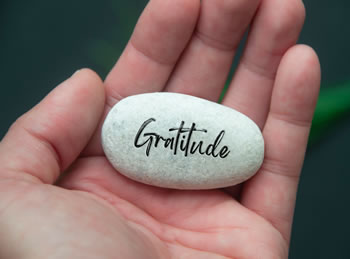 A hand holding a stone with "Gratitude" written on it