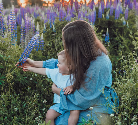 Mother and child picking wildflowers
