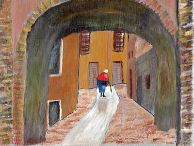 A painting of an old woman walking down a path