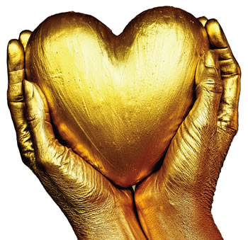 Gold hands holding a gold heart