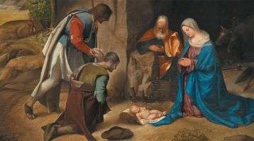 Painting of the Holy Family in a manger visited by two men.