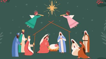 A painting of angels, three kings and wise men gathered around the manger