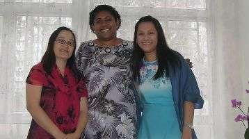 Columban Lay Missionaries Jhoanna Resari (right), Gracia Kibad (left), Lanieta Tamatawale