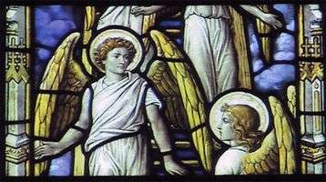 Stained glass window of two angels