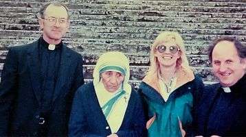 Meeting Mother Teresa. From left, Columban Fr. Maurice Hogan, Mother Teresa, Ms. McAteer and Columban Fr. Donal McIlraith