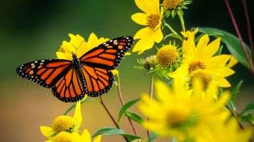 A monarch butterfly resting on yellow sunflowers