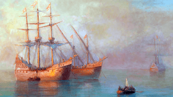 Painting of Columbus' ships landing at the "New World"