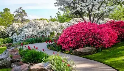 Curved path through banks of Azeleas and under dogwood trees with tulips under a blue sky