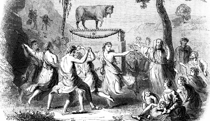 An engraved illustration of Hebrews worshipping a golden calf.