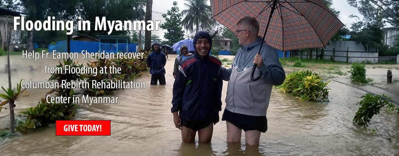 Fr. Eamon Sheridan at flooding of Columban Rebirth Rehabilitation Center in Myanmar
