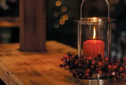 A lighted candle on a table