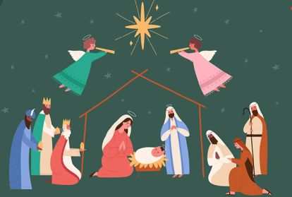 A painting of angels, three kings and wise men gathered around the manger