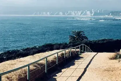 Walkway overlooking a shoreline with buildings in the distance.