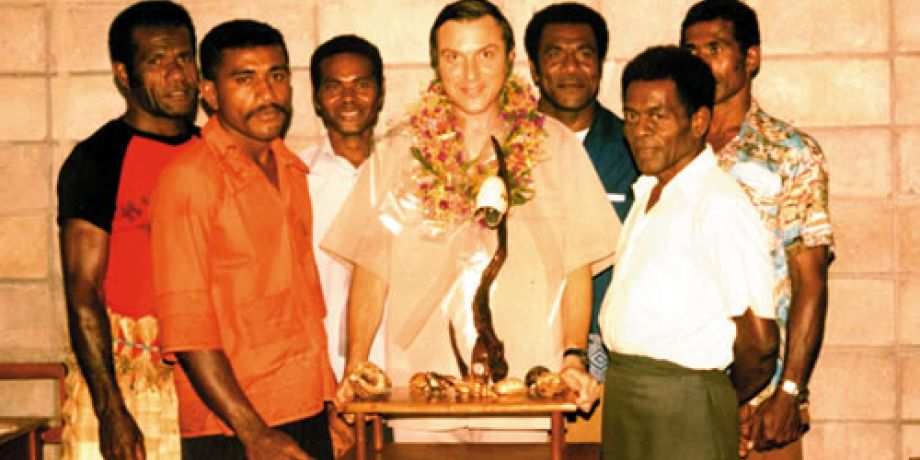 Columban Fr. Charles Duster (center) at the Fiji Solevu Catholic mission