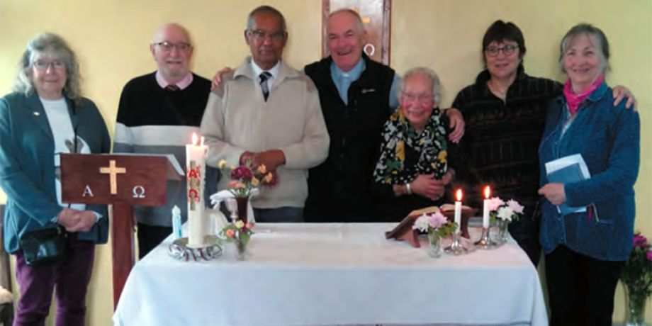 Fr. John Boles with Maurice and Jean Soord and other parishioners after Mass on Sunday on Sanday!
