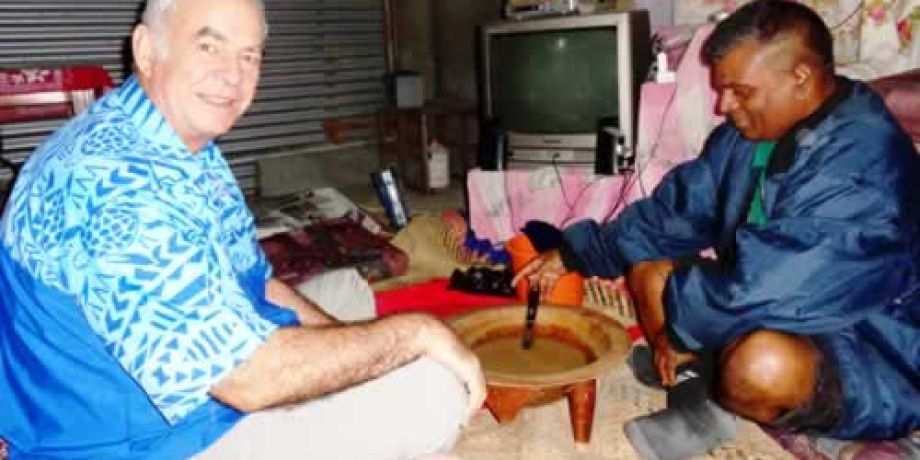 Fr. Frank Hoare drinking yaqona with an Indo-Fijian friend.