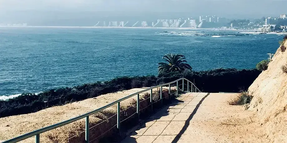 Walkway overlooking a shoreline with buildings in the distance.
