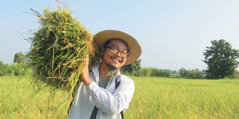Fr. Kurt holding harvested rice.