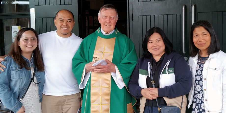 Columban lay missionary Angela Escarsa (right) with Columban Fr. Sean Coyle (center), Columban lay missionary Sherryl Lou Capili, and Sherryl’s brother and sister-in-law during a mission appeal at St. Charles Borromeo in Leixlip, Ireland