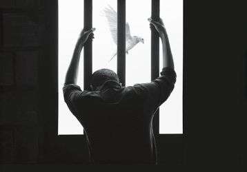 A man looking out a barred window