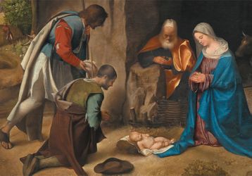 Painting of the Holy Family in a manger visited by two men.