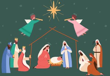 A painting of angels, three kings and wise men gathered around the manger