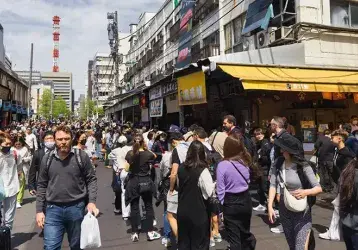 Street scene in the Tsukiji neighborhood of Tokyo, Japan