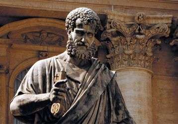 Statue of St. Peter that stands in St. Peter's Square in Vatican City, in front of St. Peter's Basilica.