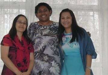 Columban Lay Missionaries Jhoanna Resari (right), Gracia Kibad (left), Lanieta Tamatawale