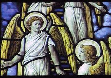 Stained glass window of two angels