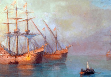 Painting of Columbus' ships landing at the "New World"